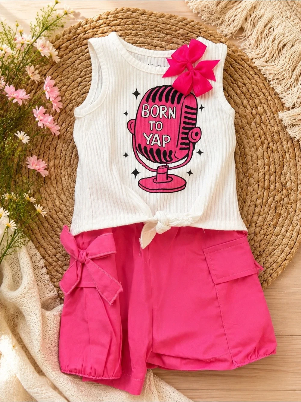 Girls White Ribbed Tank with Pink Microphone Graphic & Hot Pink Shorts